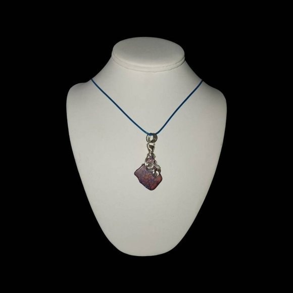 Artisan Wire Wrapped Silver Necklace with Pink and Purple Stone on Blue Cord wit - Picture 3 of 7